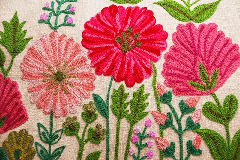 Ensley Hand-Embroidered Linen Cushion | Floral | Pink | 60x40cm
