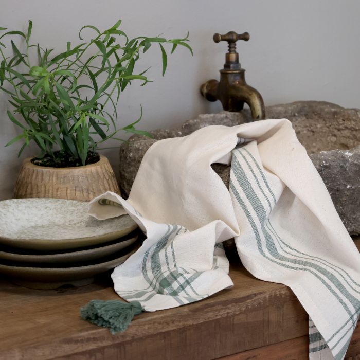 Green & Cream Cotton Tea Towel | Tassel Detail