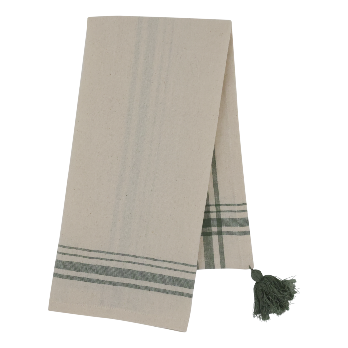 Green & Cream Cotton Tea Towel | Tassel Detail