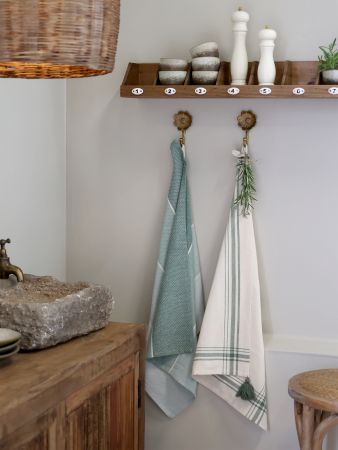 Green & Cream Cotton Tea Towel | Tassel Detail