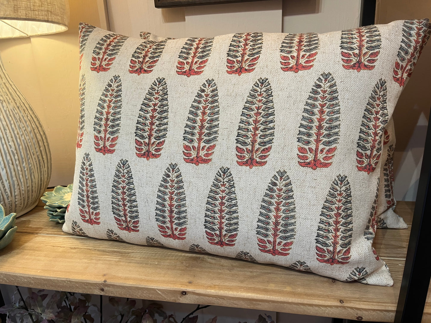 Green & Rust Feather Print Cushion | 50x35cm
