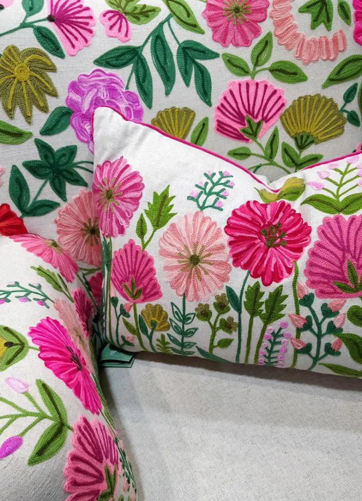 Ensley Hand-Embroidered Linen Cushion | Floral | Pink | 60x40cm