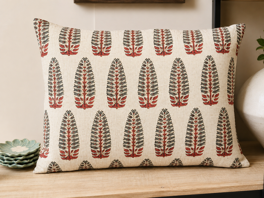 Green & Rust Feather Print Cushion | 50x35cm