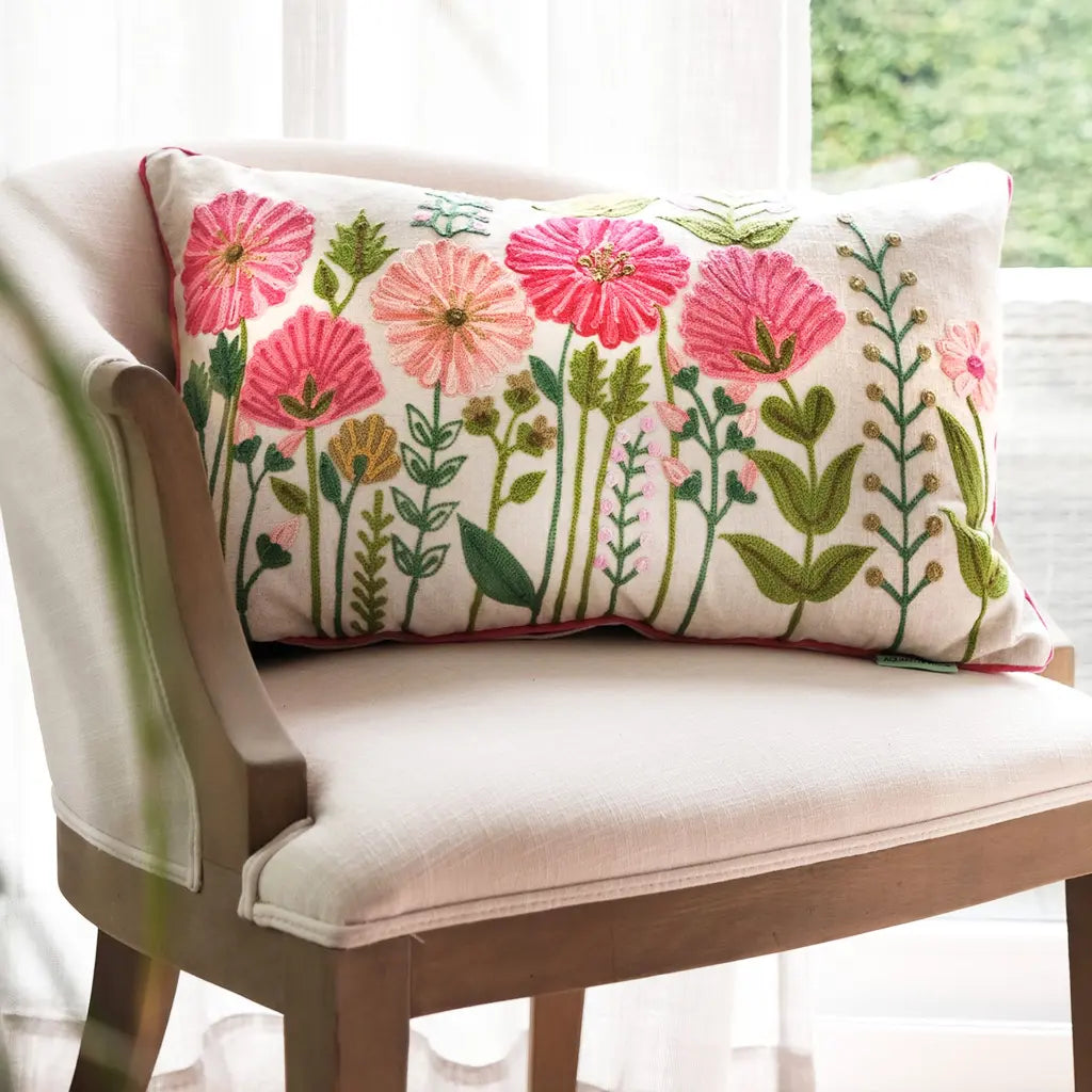 Ensley Hand-Embroidered Linen Cushion | Floral | Pink | 60x40cm
